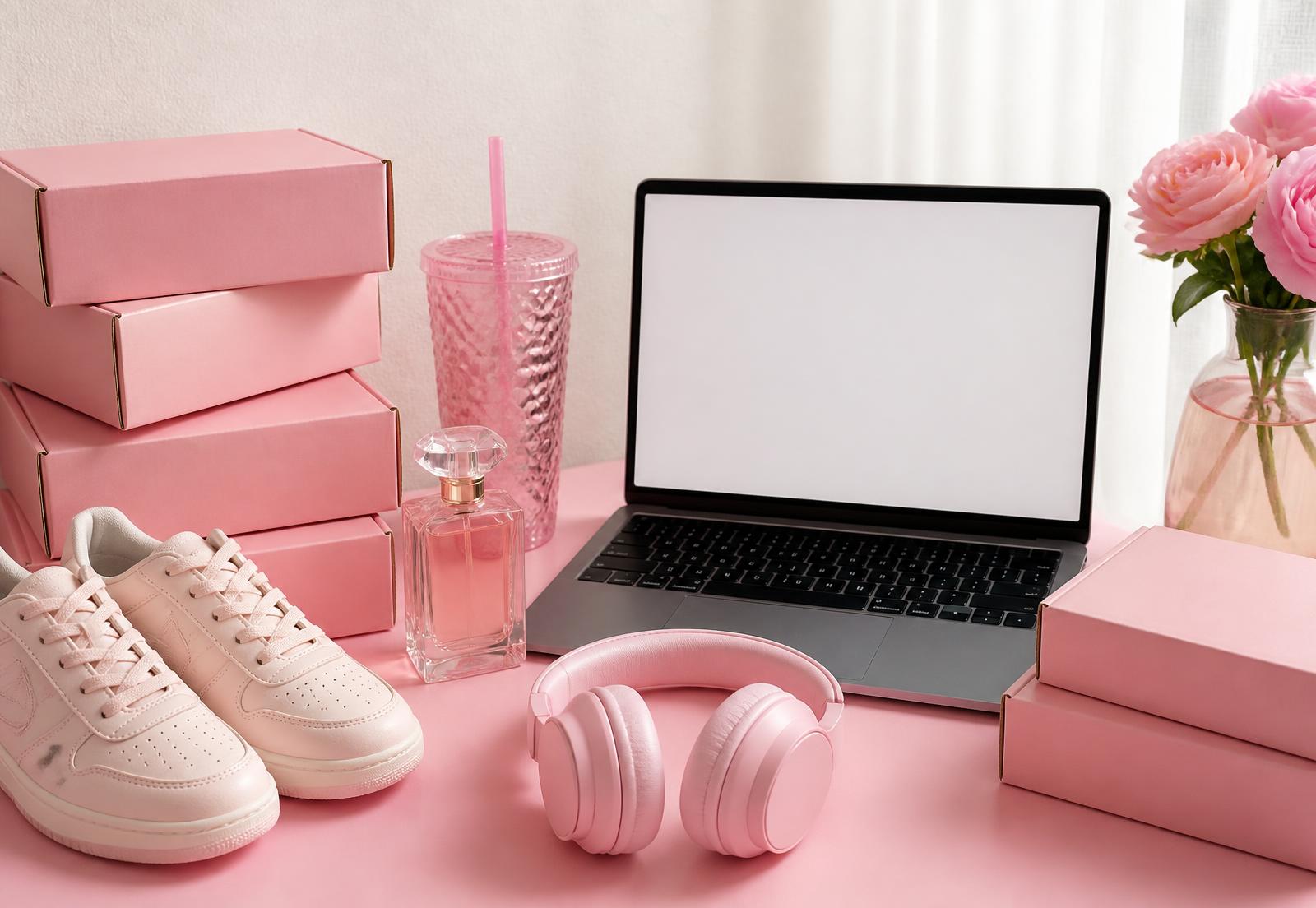 Pink desk flat lay with parcels, trainers, perfume, a tumbler cup and headphones ready to resell